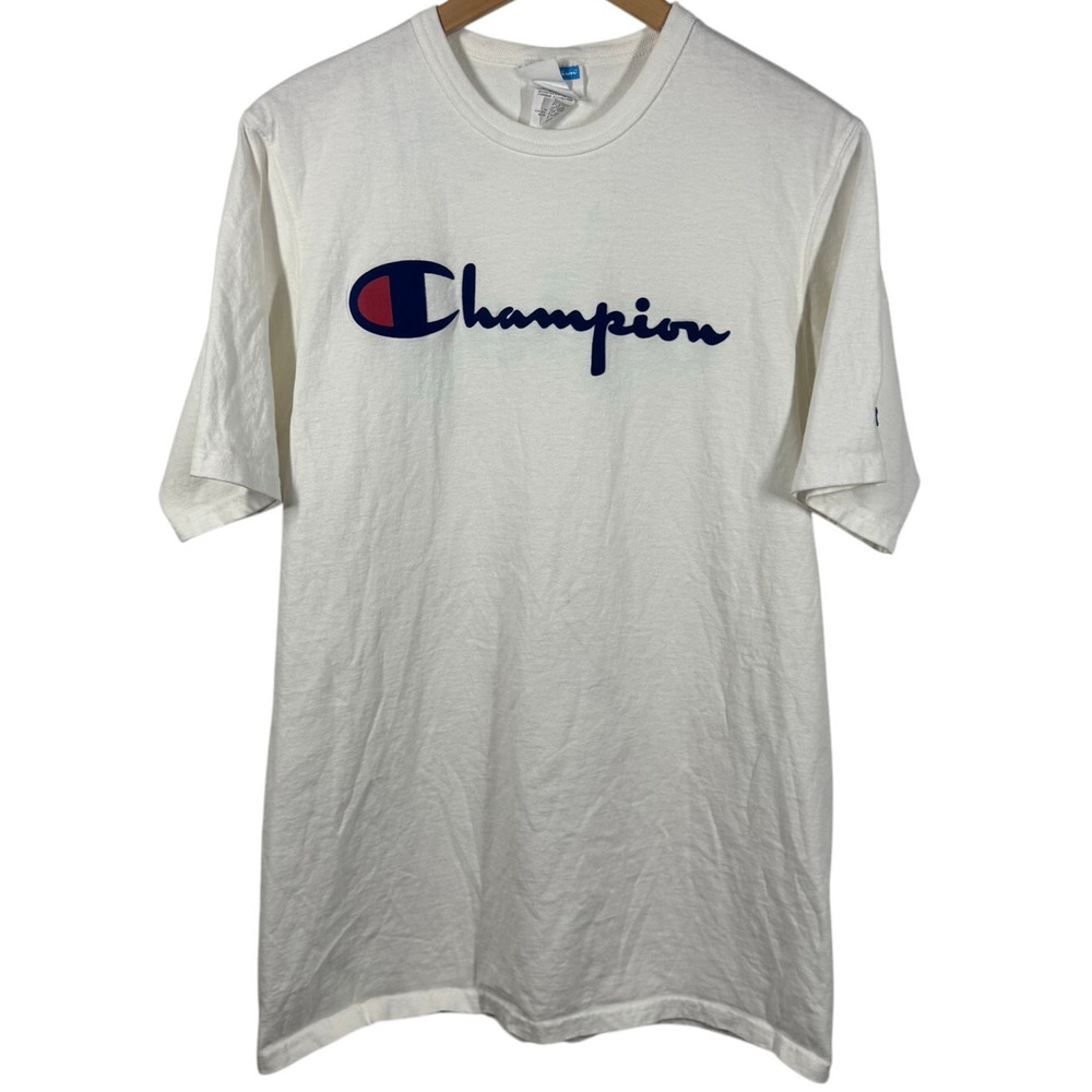 Champion Shirt Men L Velvet Graphic T-Shirt Blue Red Center Spell Y2K Streetware